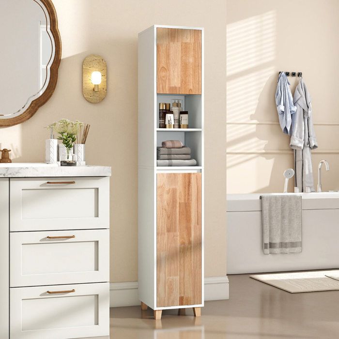 Panier à linge amovible avec poignées meuble de rangement salle de bain armoire haute avec compartiments ouverts
