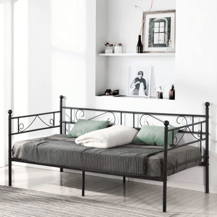 Cadre de lit simple en métal 90 x 190 cm - Canapé-lit banquette en fer forgé noir sans sommier