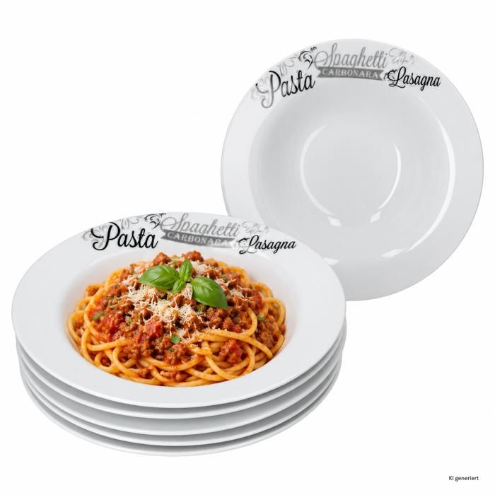 MamboCat Set de 6 assiettes à pâtes SPAGHETTI blanches avec décor et inscription en noir et gris en porcelaine MamboCat Set de 6 assiettes à pâtes SPAGHETTI blanches avec décor et inscription en noir et gris en porcelaine