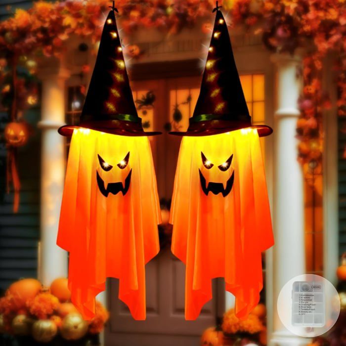 Décoration Halloween - Lot de 2 fantômes suspendus LED 8 modes déclairage étanche IP44 105 x 35 5 cm - intérieur et extérieur