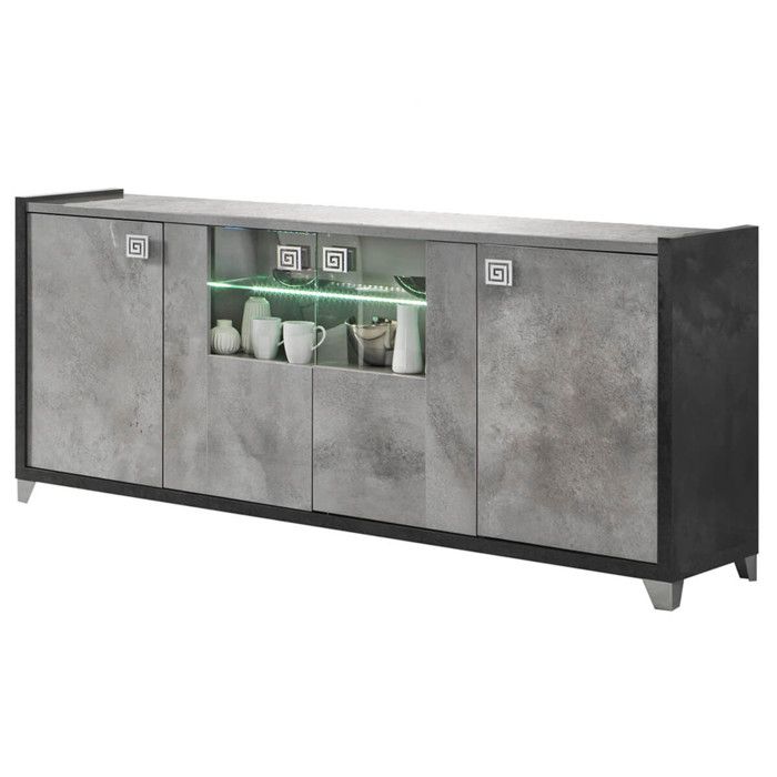 HOFFMAN - Buffet 4 Portes Gris Aspect Pierre avec Led