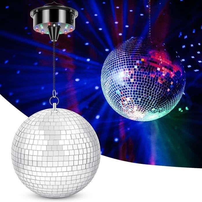 Boule Disco avec Moteur et Lumière, Boule à Facettes 20CM avec 4 Lumière et 18 LED pour Fête Disco, Club DJ, Mariage, Anniversaire