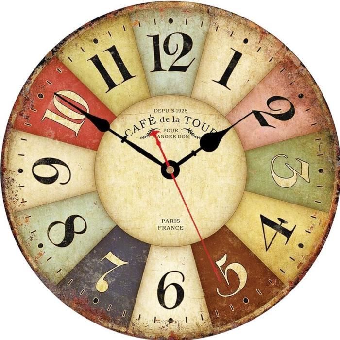 Horloge Murale Ronde En Bois 30 Cm – Silencieuse, Mouvement Quartz – Vintage Fluo