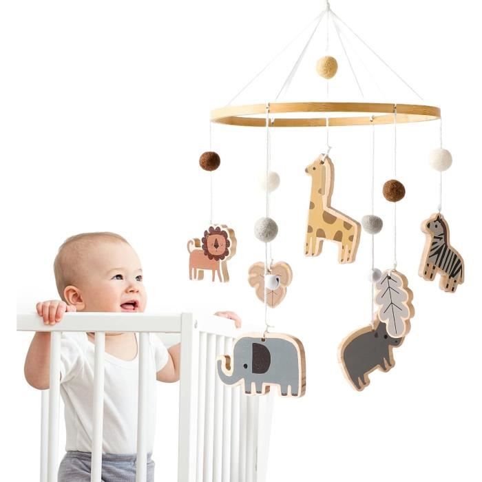 Babe Mobile Bébé Animaux Carillons avec boules de feutre Girafe Lion Eléphant Zèbre Mobile Chambre Bois Crocheté Mobile Nouveau-né