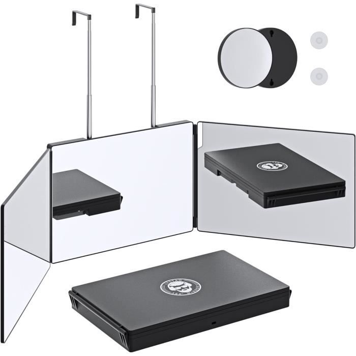 Miroir 3 Faces 360° - Pliable Et Réglable En Hauteur - Montage Sans Perçage - Pour Coiffure, Maquillage, Rasage - Noir