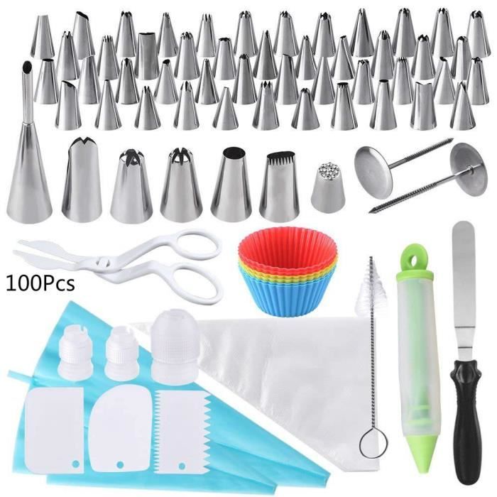 24Pcs Douille Poche à Douille Patisserie Kit Décoration de Gateaux Crème  DIY Réutilisable(24 Douilles Inox+100 PCS Poche à Douille J