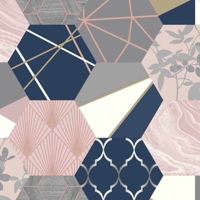 Geo Hexagon Patchwork Papier Peint Motif Geometrique Rose Blush Gris Marine Or Metallise 215908 Cdiscount Bricolage