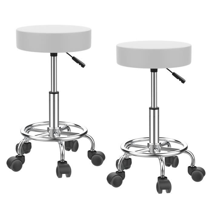 lot de 2 tabouret à roulettes - tabouret de bureau à roulettes - tabouret de travail - siège pivotant blanc