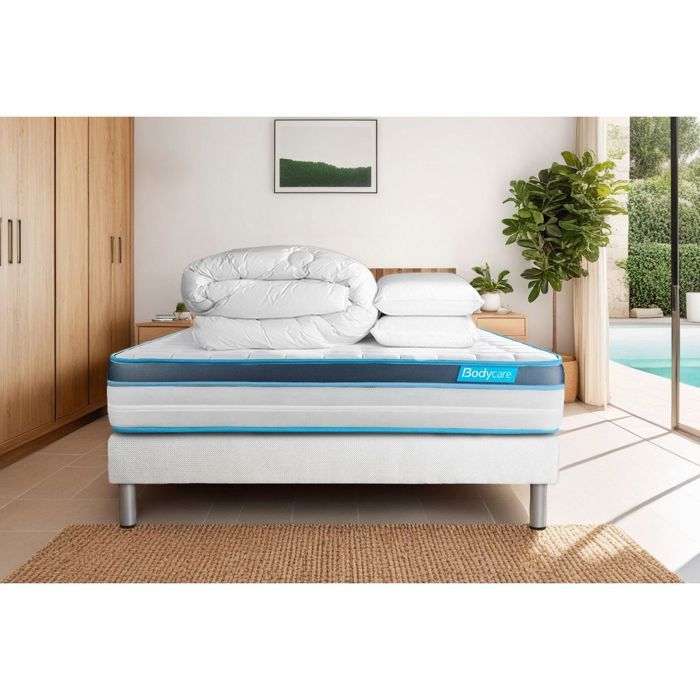 Matelas BodyFit Mémoire de forme - 180x200 cm - Ferme - Sommier Kit Blanc + 2 Oreillers + Couette