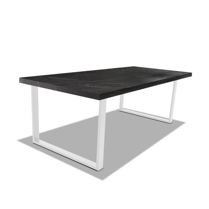 table de salle à manger en bois et métal - pieds blancs carrés - 160x90 cm - marbre foncé