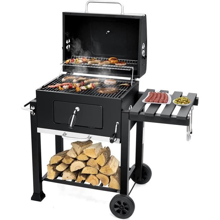 Maxxgarden Fumoir - Smoker - Barbecue Charbon De Bois - Grill Charbon   3 En 1 Multifonctions Bbq Et Fumoirs   Thermometre Inclus   48x71 Cm   Noir