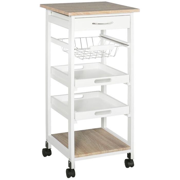 Chariot de service - HOMCOM - desserte cuisine roulettes panier 2 plateaux amovibles tiroir - MDF pin - chêne blanc