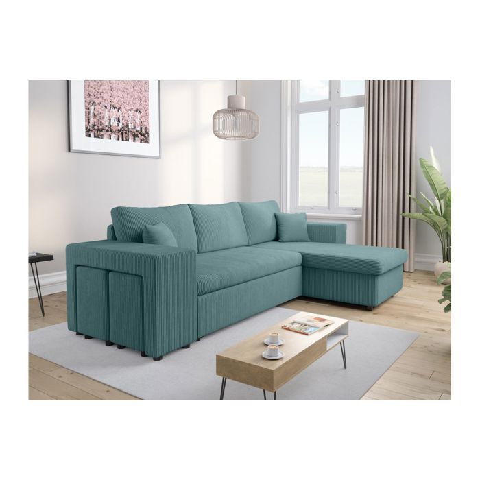 Canapé dangle réversible MADY avec coffre rangement poufs à gauche en velours côtelé bleu clair - L254 x P146 x H81cm - LOUNGITUDE Canapé dangle réversible MADY avec coffre rangement poufs à gauche en velours côtelé bleu clair - L254 x P146 x H81cm - LOUNGITUDE