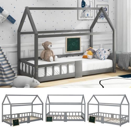 Lit cabane enfant avec barrières - Bois pin massif - Décor Bleu - Sommier inclus avec un tableau - 90 x 200 cm Lit cabane enfant avec barrières - Bois pin massif - Décor Bleu - Sommier inclus avec un tableau - 90 x 200 cm