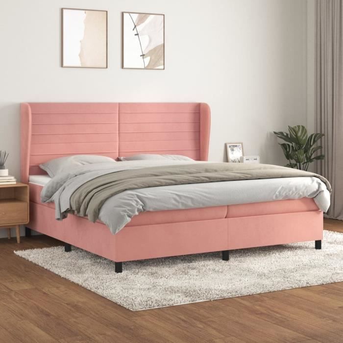 Lit à sommier tapissier - MOTHINESSTO - Rose - 200x200 cm - Velours - 2 places