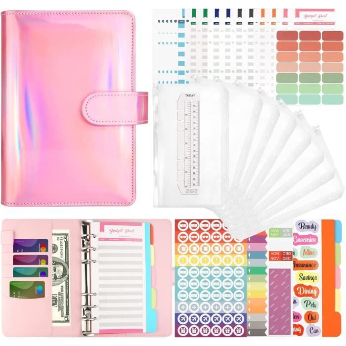 Classeur Budget A6 LTZGO - Rose - Cuir PU Laser - 40 Pages + 8 Pochettes + Séparateurs - Organisateur Finances