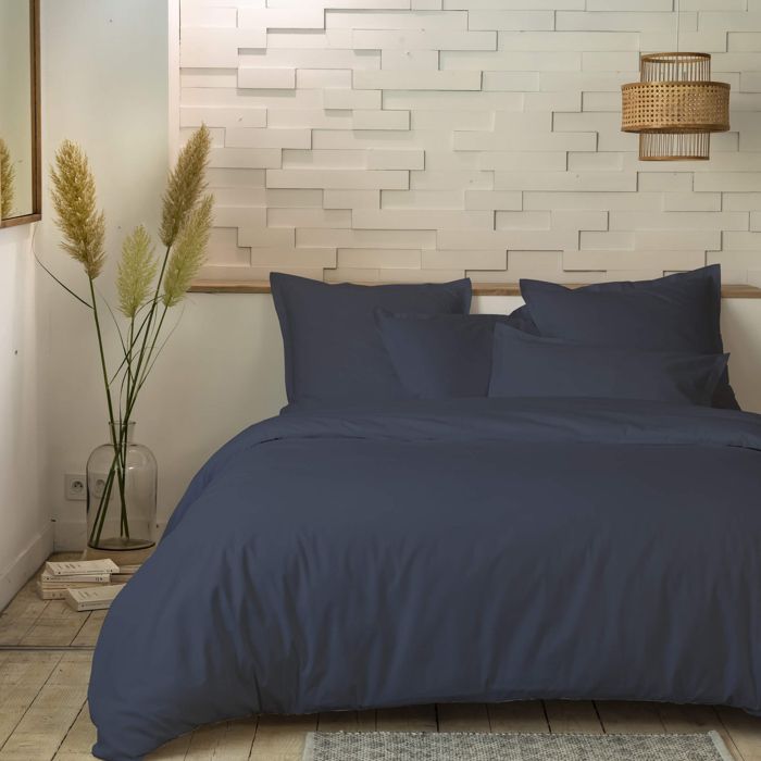 Parure de lit percale unie ombre 240x220 cm - Bleu marine - Terre de Nuit