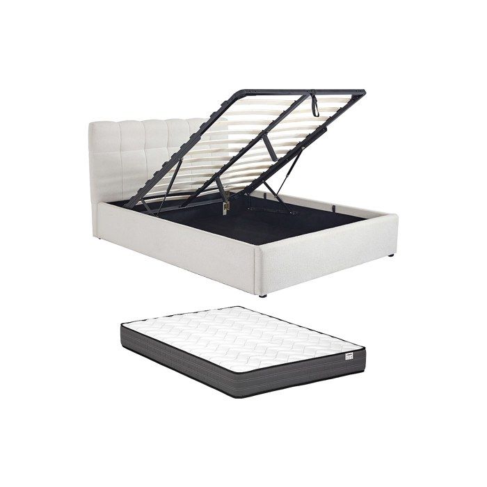 Lit coffre 140 x 190 cm - Tissu bouclette - Blanc + Matelas - MAZIRI Lit coffre 140 x 190 cm - Tissu bouclette - Blanc + Matelas - MAZIRI