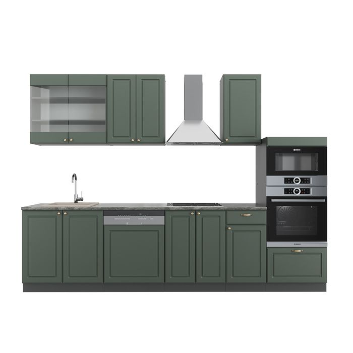 Cuisine R-Line, 300 cm avec armoire haute, PT Anthracite, blanc