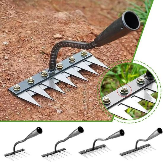 Râteau à Désherber 6 Dents En Acier Au Manganèse - Manche Amovible, Robuste, Pour Jardin, Potager, Champs