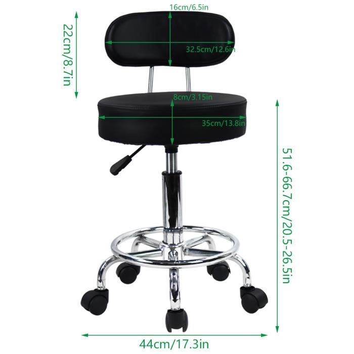 Tabouret De Travail Pivotant Avec Dossier - Hauteur Réglable 52-67 Cm, 5 Roues, Blanc