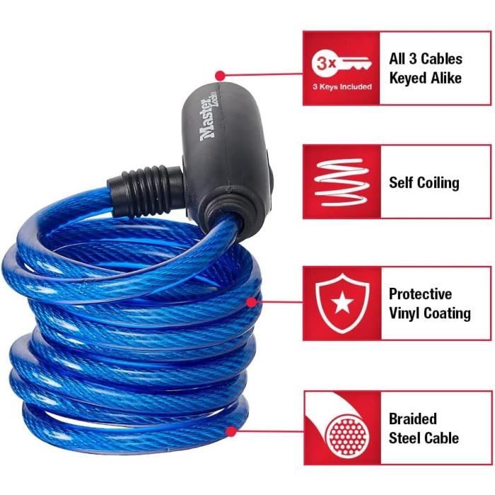Pack 3 Antivols Câble Master Lock - 1,8m, Clé, Pour Vélo, Skate, Tondeuse