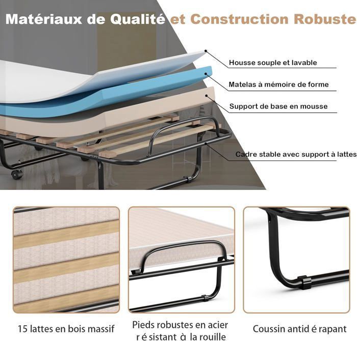 Lit pliant 1 prsonn lit pliant adult avc matlas n mémoir 6,5 cm orthopédiqu,charg 136kg,big au millur prix Lit pliant 1 prsonn lit pliant adult avc matlas n mémoir 6,5 cm orthopédiqu,charg 136kg,big au millur prix