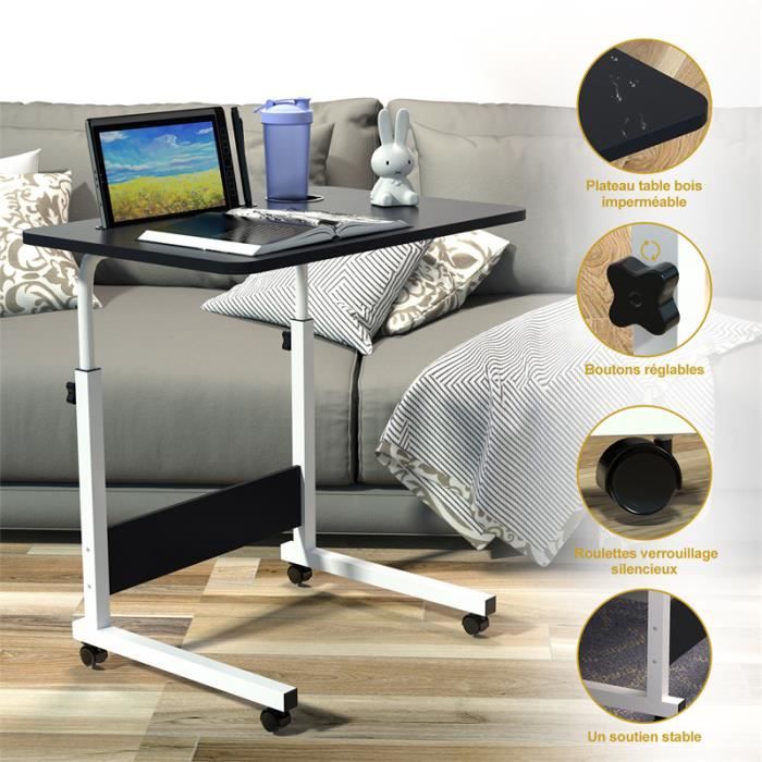 Table Pour Ordinateur Portable Réglable En Hauteur Avec Roulettes - Plateau 60x34,5 Cm, H 58-90 Cm - Bois Et Métal Noir