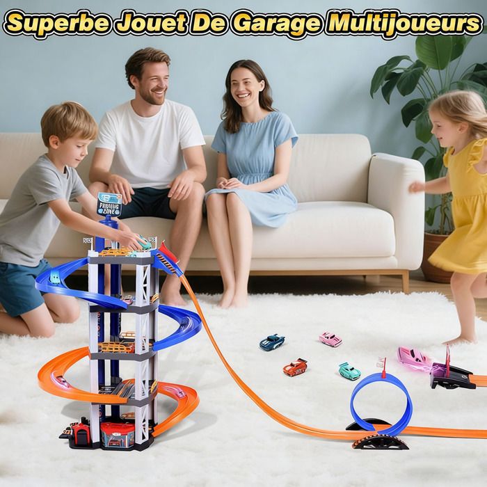 CELMAN Garage de Jeu Multiniveau pour Enfants - Parking de Jouets avec Ascenseur Manuel, Inclut 8 Voitures en Métal, Hélicoptère et Accessoires, Jouet pour Enfants de 3 4 5 6 7 8 Ans