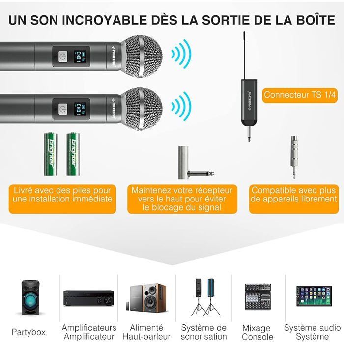ARCHEER Karaoké Micro sans Fil, Microphone sans Fil UHF Bluetooth Echo Professionnel 2 Micro HF