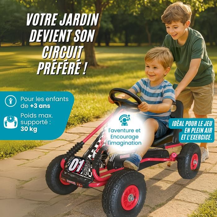 Kart à pédales enfant rouge avec pneus en caoutchouc - Ciel