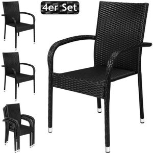 FAUTEUIL JARDIN  CASARIA® Ensemble de 4 chaises de jardin noires en polyrotin avec accoudoirs empilables structure en acier thermolaqué
