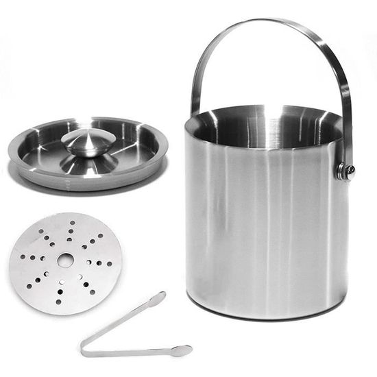 Seau à Glace Isotherme En Acier Inoxydable - Double Paroi, Couvercle Et Pince Inclus - 1,3 L