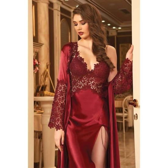 Pyjama en soie femme Femmes Chemise De Nuit Robe de chambre Pyjamas Ensemble Longue Soutien Gorge Recouvert de Satin de Soie Sous V Bordo Cdiscount Pret a Porter
