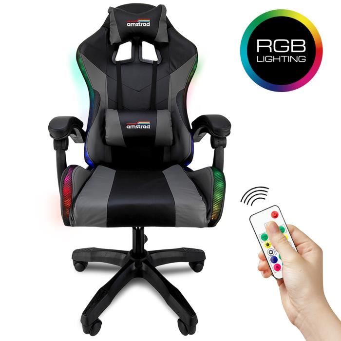 Amstrad AMS-920-LED-BK Fauteuil / Chaise de bureau Gamer coloris noir gris - Eclairage LED 358 effets - Coussin lombaire vibrant