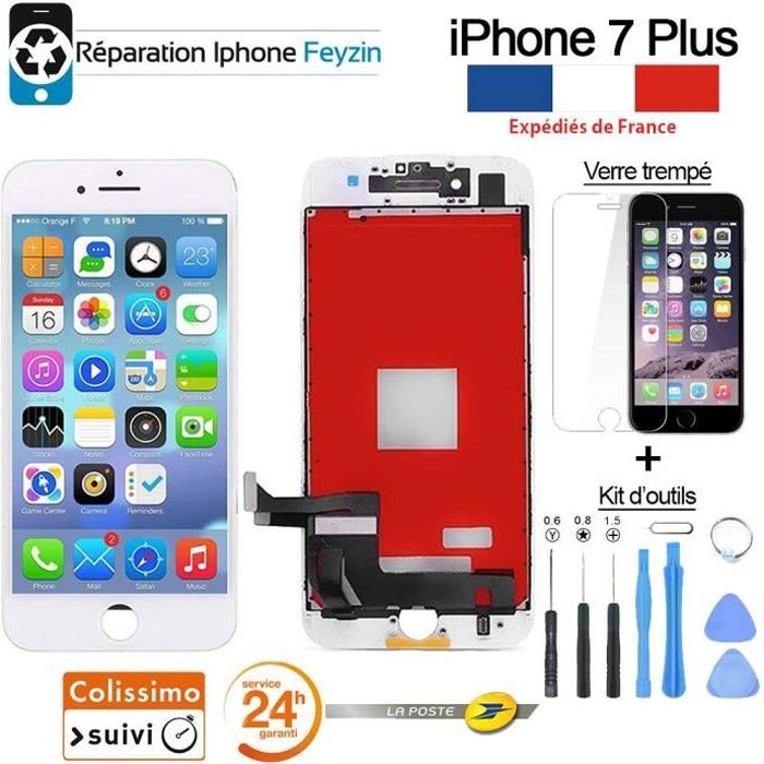 ÉCRAN LCD IPHONE 7 PLUS BLANC AVEC VITRE TACTILE SUR CHASSIS + OUTILS + VERRE TREMPE