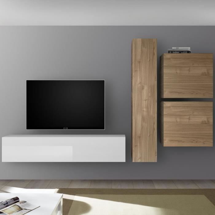 Composition murale TV blanc laqué et couleur chêne PUNTA Marron L 260 x P 30 x H 180