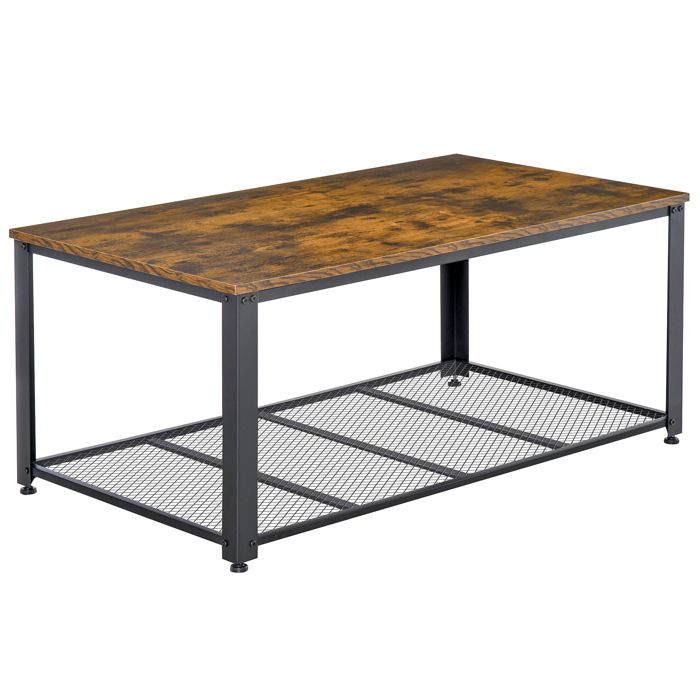 Table basse Vintage rectangulaire style industriel avec étagère métal noir panneaux particules imitation bois 106x60x45cm Marron