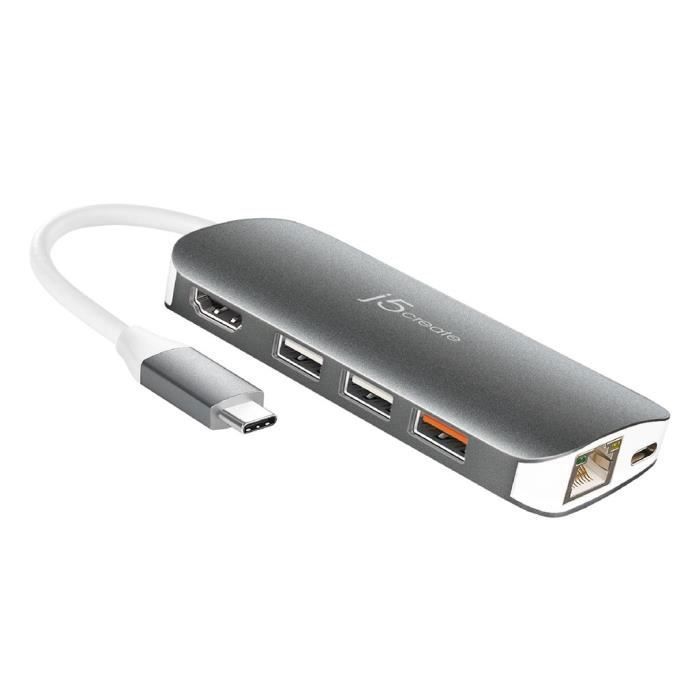 j5create Adaptateur USB Type-C, HDMI/Ethernet/USB 3.1, SD et MicroSD/PD 3.0 JDC383, HDMI 4K pour appareils avec USB-C