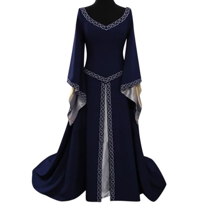 Robe longue Femmes robe à manches longues col V médiéval Longueur au sol cosplay robe @Bleu