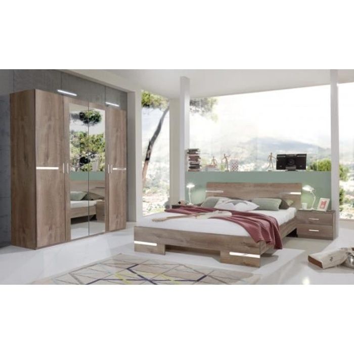 Chambre à coucher complète adulte (lit 140x200cm + 2 chevets + armoire) coloris imitation chêne chataigne/chrome brillant