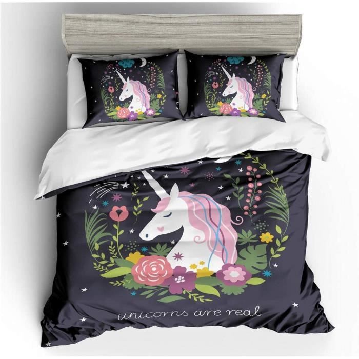 Parures de lit Licorne Enfant 1 Personne Housse de Couette Licorne Branche d'olivier Fleur Arc en Ciel Étoile 140 x 200 cmMQ638830Li