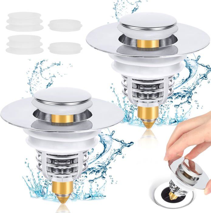 2 Pièces Bouchon Lavabo Pop-Up Universel 34-40mm - Acier Inoxydable Et Laiton Pour Cuisine, Salle De Bain Et Baignoire