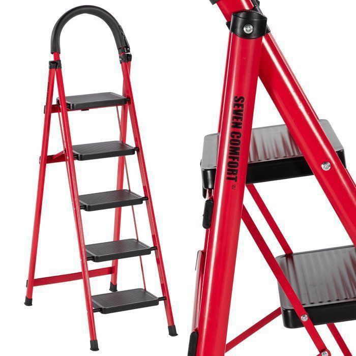 Seven Comfort-Escabeau 5 marches-Pliant-Stabilité et sécurité optimales-chargé 150KG-En Acier-Rouge