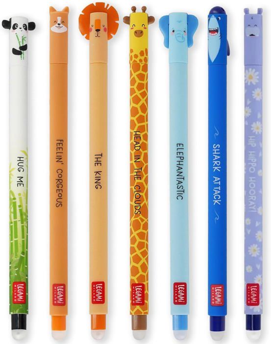 Lot De 7 Stylos Gel Effaçables Legami - Motifs Animaux Mignons, Encre Thermosensible 0,7mm