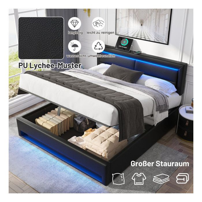 Lit Coffre Double 140x190 cm avec Port USB Lit 2 Personnes LED et Espace de Rangement Cadre de Lit avec TêTe de Lit Noir