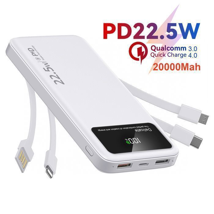 Batterie Externe Blanche 20000mAh Avec 4 Câbles Intégrés
