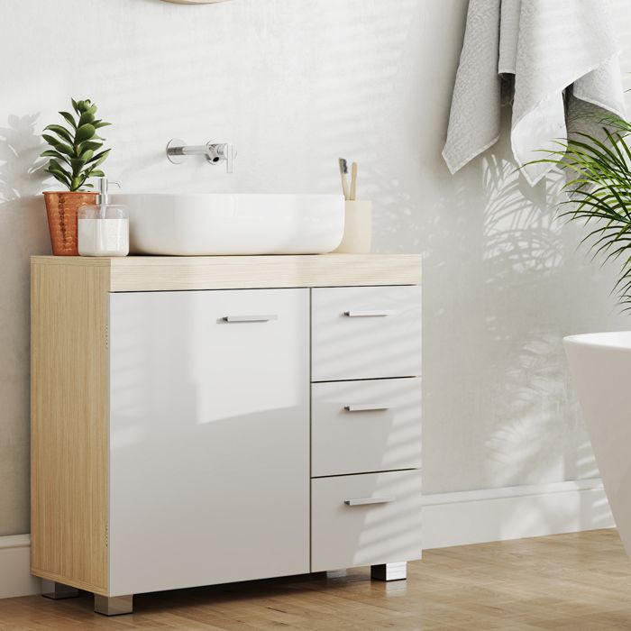 Meuble sous lavabo - Blanc nuage et beige - 3 tiroirs - 2 compartiments - MDF - 30x70x64 cm