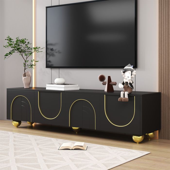 Meuble TV 170x38x44 cm - Avec 4 portes - Pieds ronds dorés - Panneaux de particules - Noir + doré