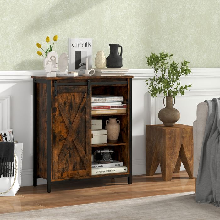 GIANTEX Buffet de Cuisine-Étagères Réglables & Amovibles-Porte Coulissante-Meuble de Rangement-Style Industriel-70x30x81cm-Marron